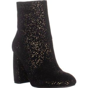 Nanette Lepore Lilly Black Sparkle Leather Upper Bootie 3 1/2" Block Heel